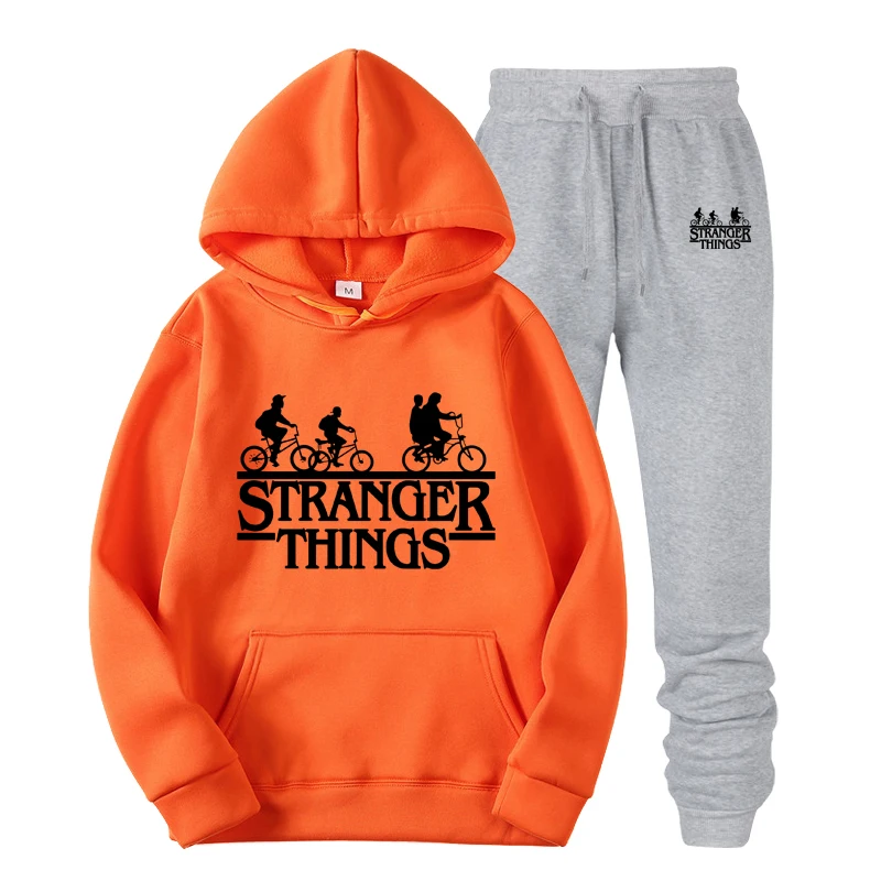 HOWLLOFTY Men's Fashion trend Hoodies Set Suits Hit  gray pants STRANGER THINGS black print Mens Track Set Men Clothes Suit