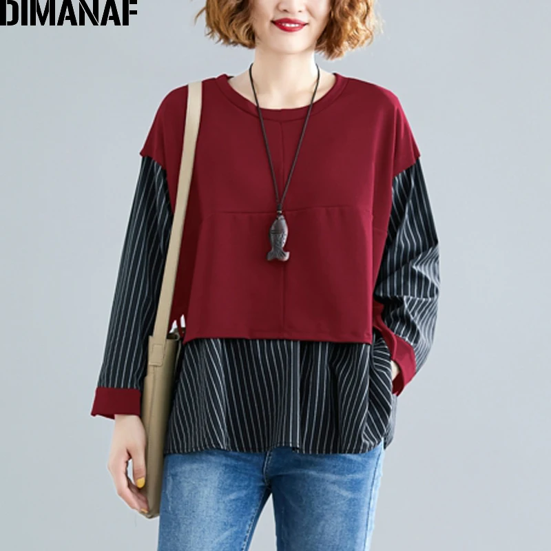 DIMANAF Spring Plus Size Women Blouse Shirt Lady Tops Tunic Basic Casual Cotton Loose Striped Long Sleeve Spliced Female Clothes
