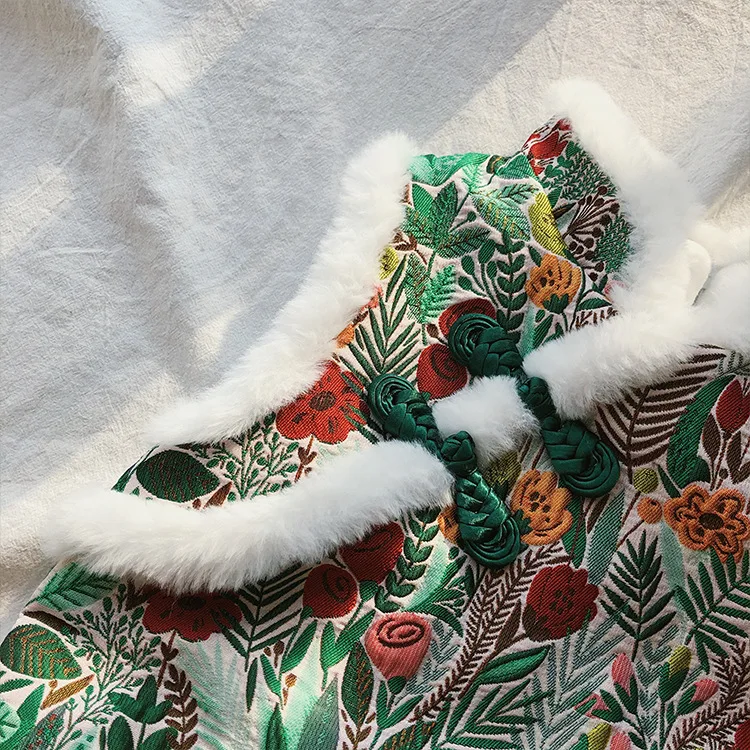 Китайский стиль стиль Мода Цветочный теплый cheongsam Зима мягкий флис утолщаются стеганые ручная Пряжка Платье