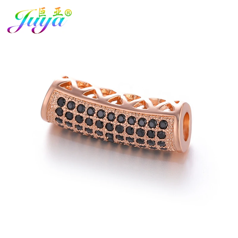 Juya DIY золотые/серебряные/розовые золотые разделительные бусины, поставки, микро проложенные циркониевые изогнутые трубчатые бусины для изготовления ювелирных изделий из натурального камня и жемчуга - Цвет: Rose Gold  Black