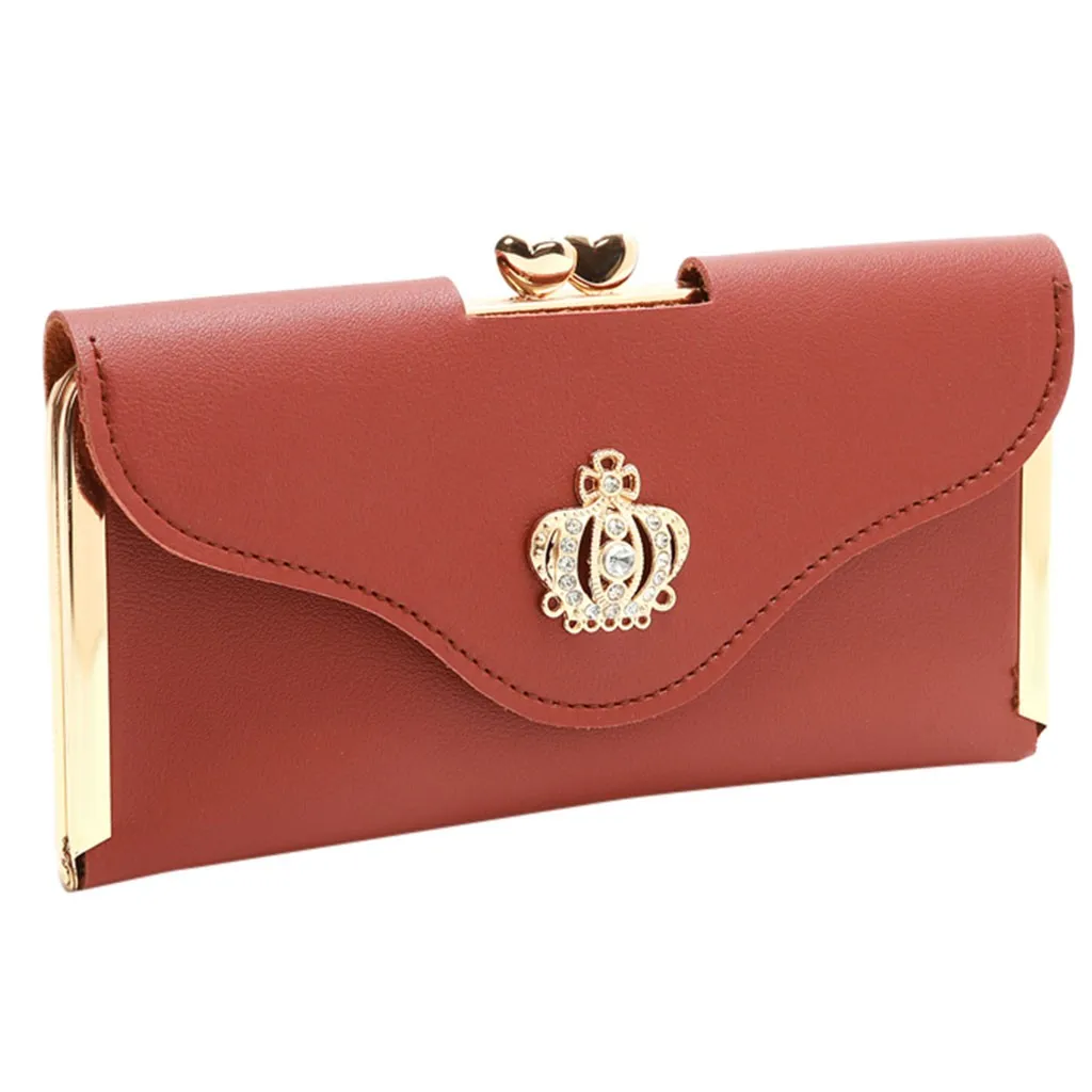 Модный клатч с короной и бриллиантами, сумка для мобильного телефона, Женская длинная вечерняя сумочка, винтажный женский кожаный кошелек, карман для кредитных карт, A40 - Цвет: Brown