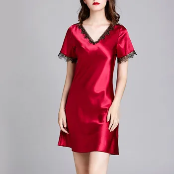

2020 New Sexy Lingerie Women sleepwear Bathrobes Simulation Silk night dress Lace Stitching Short Sleeves Home Sleepwear M6
