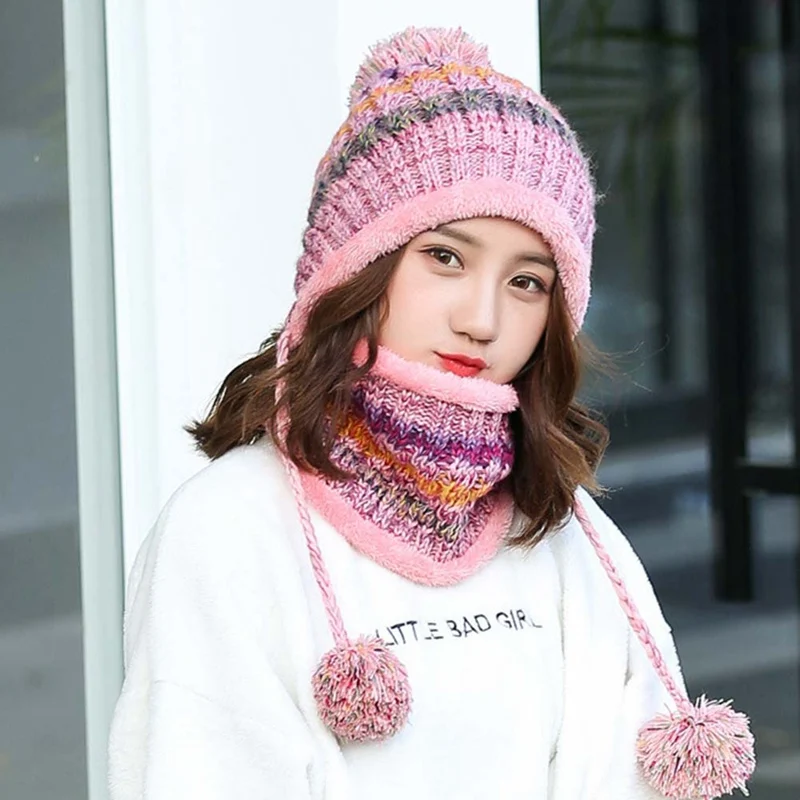 Winter Women Wool Plus Velvet Thick Warm Windproof Knit Hat Bib Suit Solid Color Warm Beanie And Scarf Set