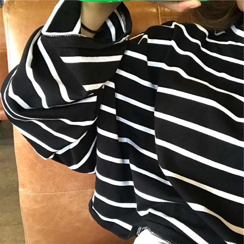 Harajuku Эстетическая женская футболка, Roupas Feminina, Корейская одежда, футболка, Femme, в полоску, с длинным рукавом, размера плюс, зимние топы