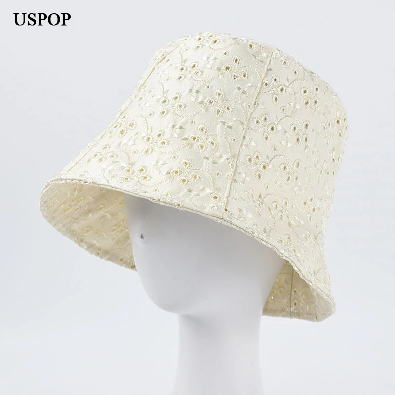 

USPOP 2020 Bucket hats women summer embroidery hollow out lace bucekt hats casual sun hats