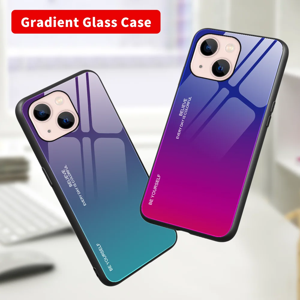 For Iphone 13PRO 12 11Pro Max XR XS X 8 7 Plus SE2020 Gradient Glass Phone Cases Dazzle Color Shell Tempered Glass Cover wallet phone case