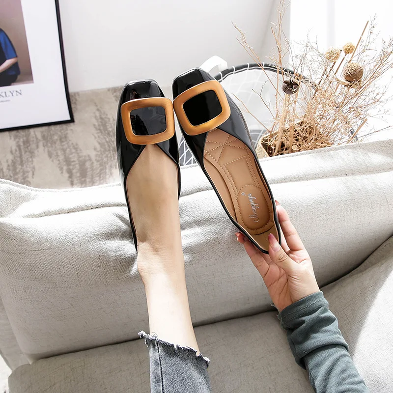 

2020 Shallow Mouth Single Shoes Women's Square Head Korean-style Square Buckle Versatile Flat Top Shoes Women's Fashion WOMEN'S