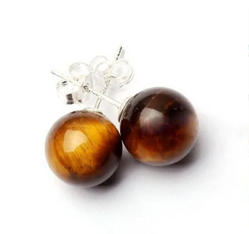 

quick shipping Fashion New 10mm Natural Yelow Tiger Eye Stone 925 Sterling Silver