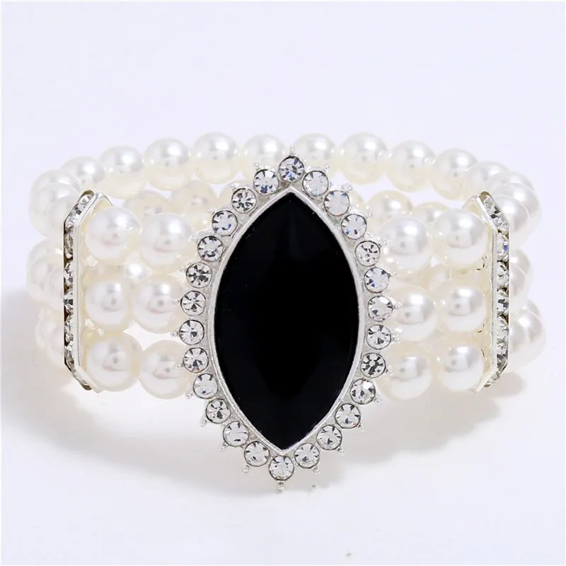 Новинка, модные браслеты из искусственного жемчуга для женщин, конский глаз, большой кристалл, украшение, эластичный браслет, ювелирные изделия, аксессуары - Окраска металла: black