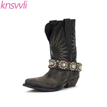 

New Genuine Leather Embroidery Western Cowboy Boots Woman Knight Boots Rhinestone Removable Belt Buckle Low Heel Mid Calf Boots