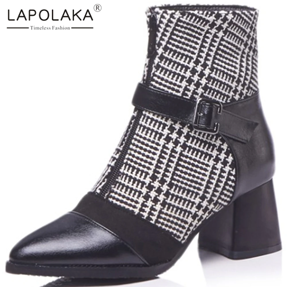 

Lapolaka 2020 Plus Size 32-48 Chunky Heels Ankle Boots Woman Shoes Zip Up Mix Color Buckle Decoration Shoes Women Boots