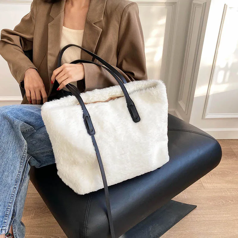 

Brand Bags For Women 2020 Large Capacity Shopper Bag Female Fur Tote Shoulder Bag Trendy Solid Color Ladies Handbag And Purse