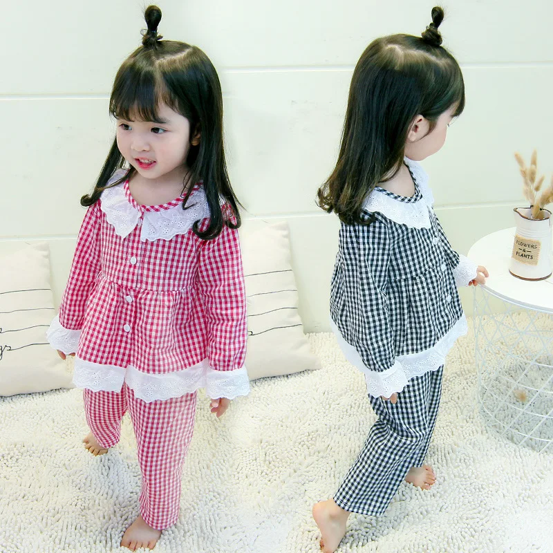 

Childrenswear 2018 Korean-style Autumn New Arrival Girls Spring And Autumn Female Baby Lace Edge Plaid CHILDREN'S Pajamas Autumn