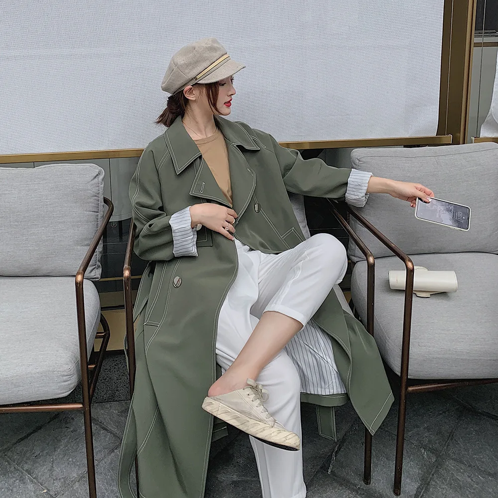 

2019 Spring And Autumn New Style Trench Coat Women's Mid-length Loose-Fit Versatile Decorative Open-line over-the-Knee Students