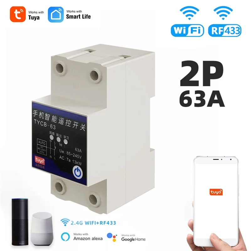 Tuya Smart Life 2 Fasi Wifi 63A Interruttore Domestico, Relè Interruttore Timer, Alexa Google Assistant Voice Control,Ac 110V 220V