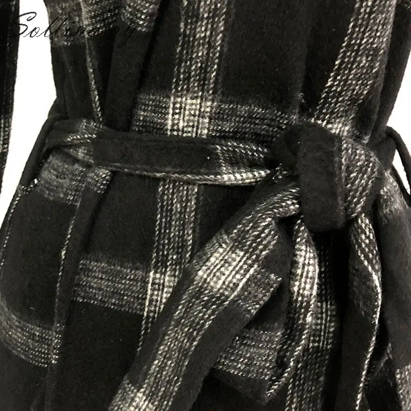 Sollinarry черные клетчатые шикарные зимние пальто куртки женские Hoddies высокая Талия Длинные Jacktes элегантные женские офисные сексуальные пиджаки платье