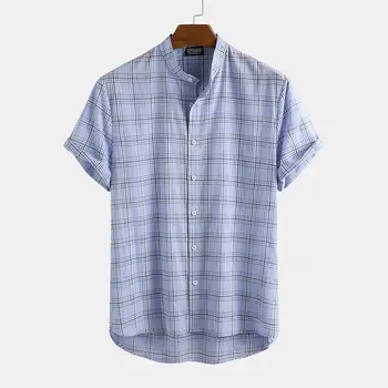 

2020 Plaid Casual Shirt Men Streetwear Cotton Stand Collar Short Sleeve Camisas Hombre Summer Harajuku Buttons Hawaiian Shirts
