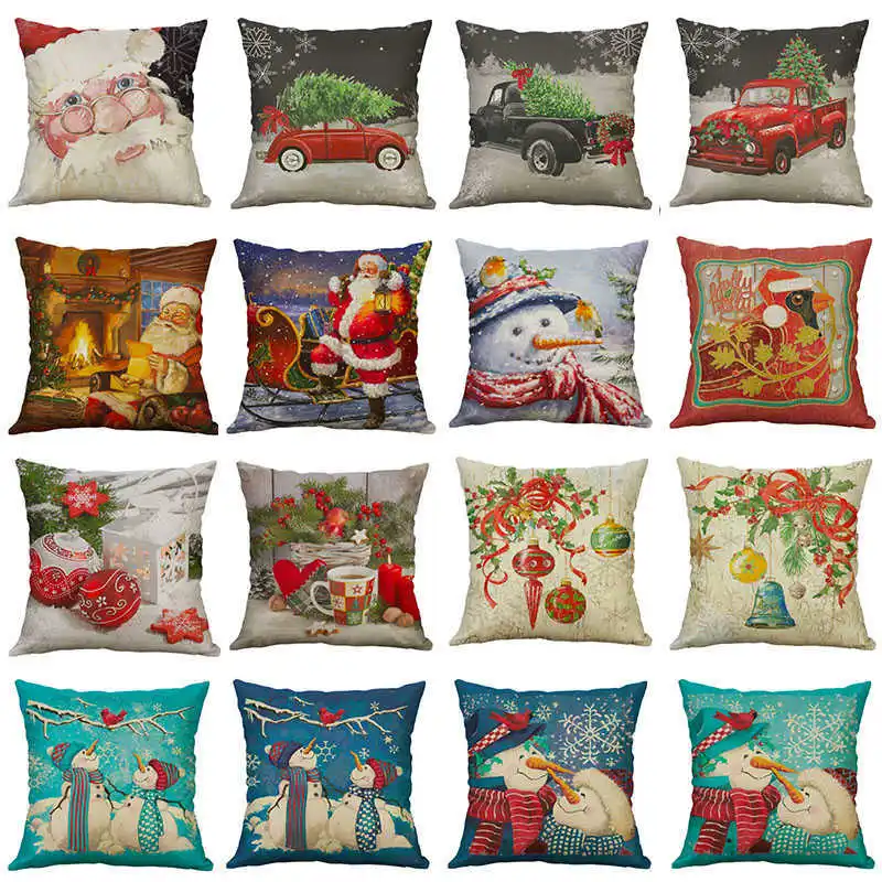 

Merry Christmas Snowman Santa Claus Old Man Cushion Cover Red Truck Christmas Tree Pillow Covers Sofa Bed Home Decor 45x45 CM