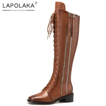 

Lapolaka New Fashion Genuine Leather Comfy Spring Autumn Boots Woman Shoes Zip Up Thick Heels Luxury Knee High Boots