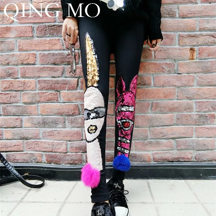 

QING MO 4 Styles Women Pink Panther Pants With Sequin Women Elastic Waist Full Length Cotton Pants 2019 Autumn ZQY1520