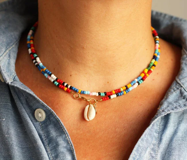 Double bead chain Разноцветное ожерелье-чокер с бусинами для женщин и девушек, Модный богемный летний шик, колье с бусинами, женское ожерелье с Каури - Окраска металла: Double bead chain