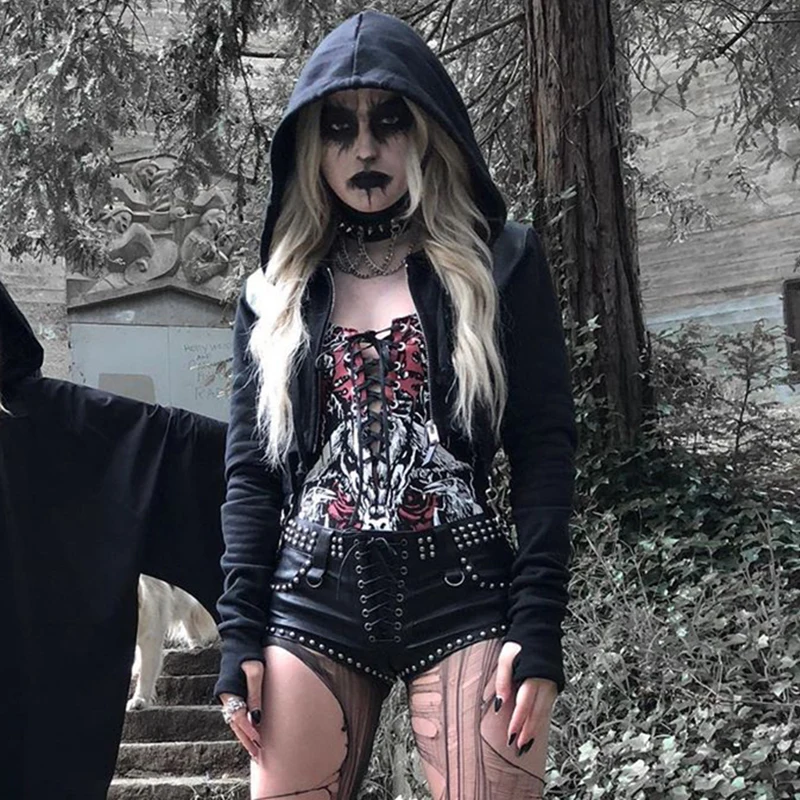 

ImilyBela Gothic Halloween Short Jacket Women Casual Hooded Punk Chain Bomber Jackets Autumn Zipper Leather Patchwork Black Coat