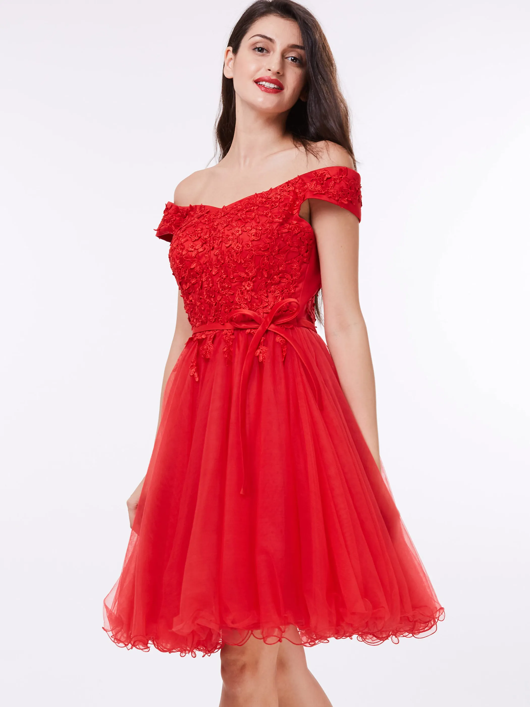 

Red Mesh Patchwork Homecoming Party Dress Women Off Shoulder Belted Cocktail Dress Black Plus Size Short Lace Robe de soiree