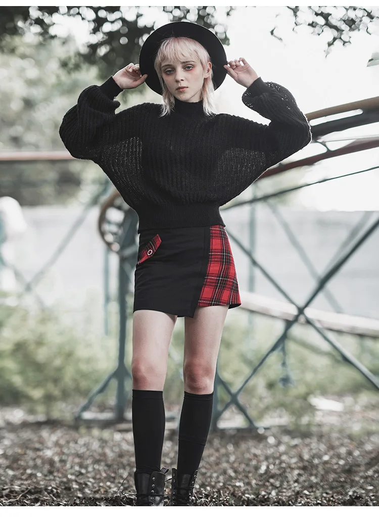Панк рейв девушки панк двухцветные нерегулярные подол обтягивающие клетчатые юбки Harajuku Женская юбка Уличная одежда