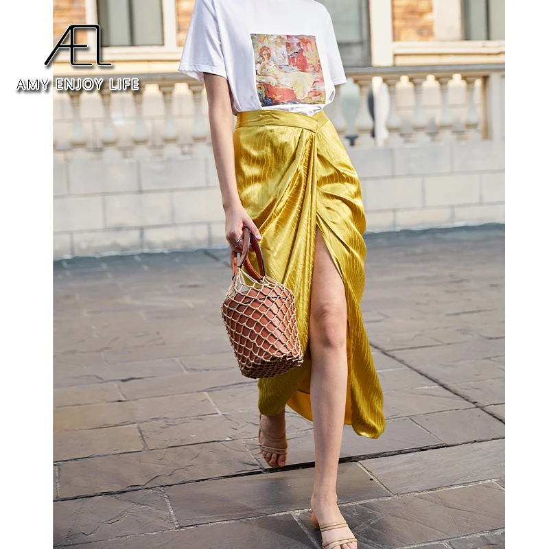 

Юбка AEL Женская ассиметричная с высоким разрезом, Длинная атласная элегантная приталенная мини-юбка с запахом, в ретро стиле, с завышенной талией, лето 2020