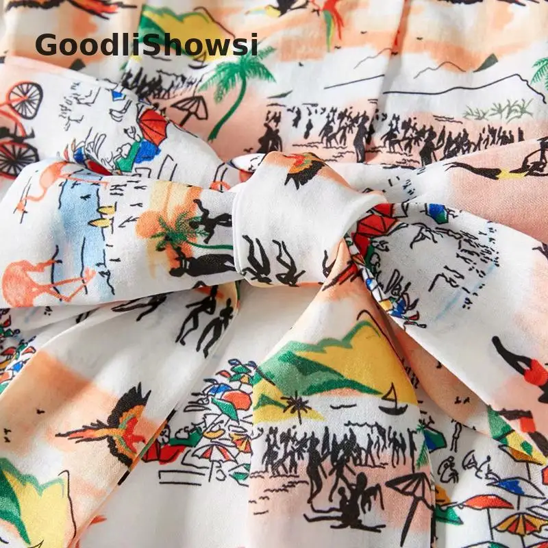 GoodliShowsi, весна, пляжный стиль, женское платье миди, Гавайское море, пейзаж, принт, длинный рукав, пояс, рубашка трапециевидного силуэта, платье