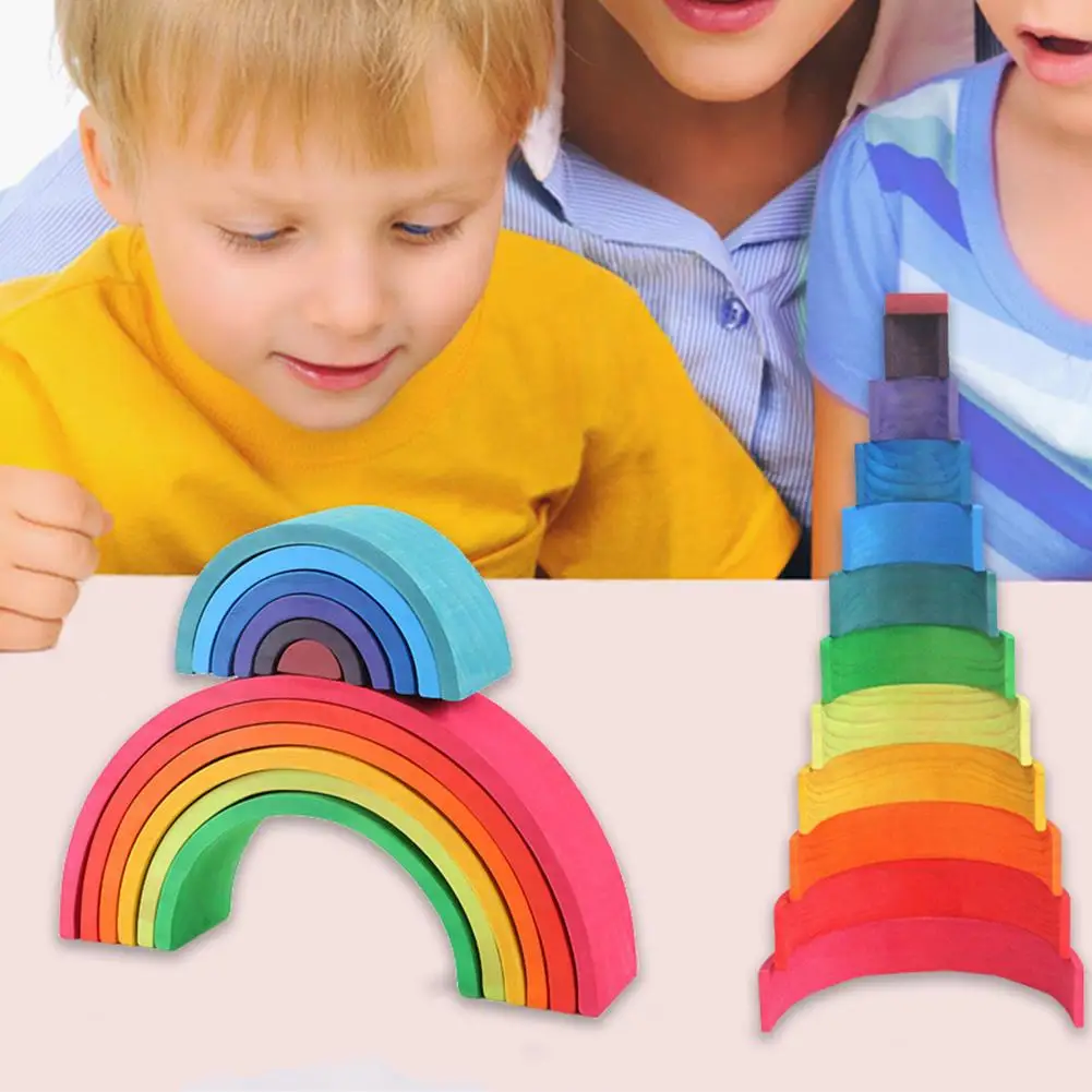 

12 PCS NEWEST High Quality Wooden Rainbow Stacker Nesting Puzzle Blocks Building Blocks For Kids Toddler Baby