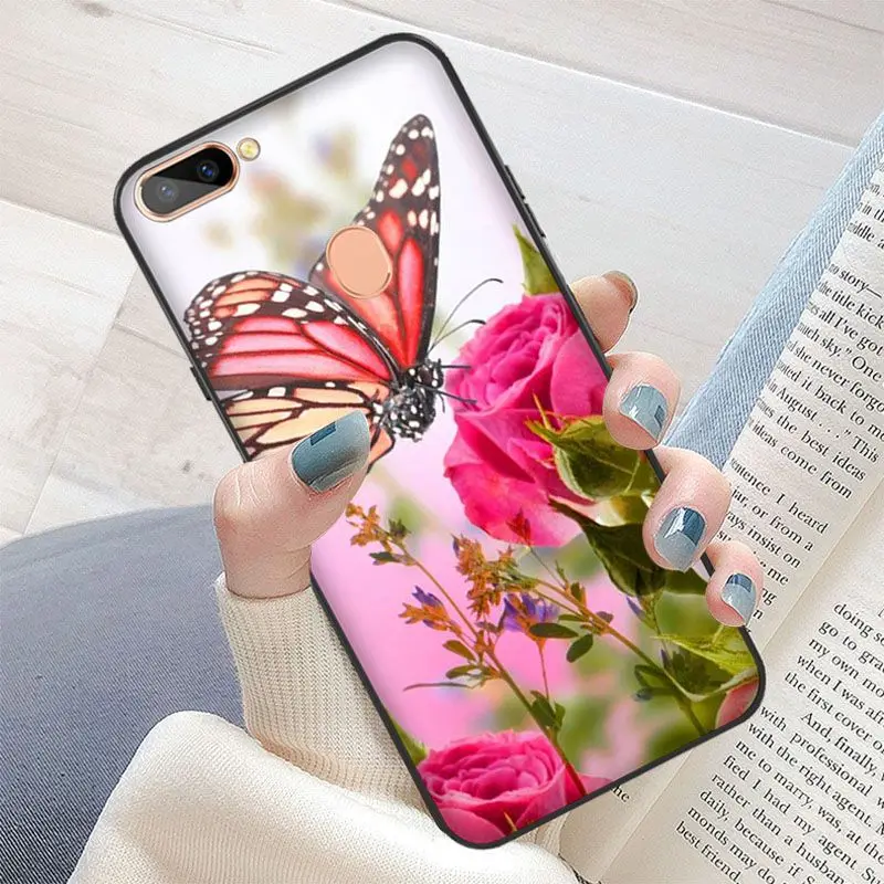 Red butterfly on white roses flower