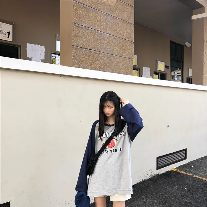 Модная футболка Femme осенние женские топы с длинными рукавами Harajuku винтажные лоскутные Футболки женские свободные футболки