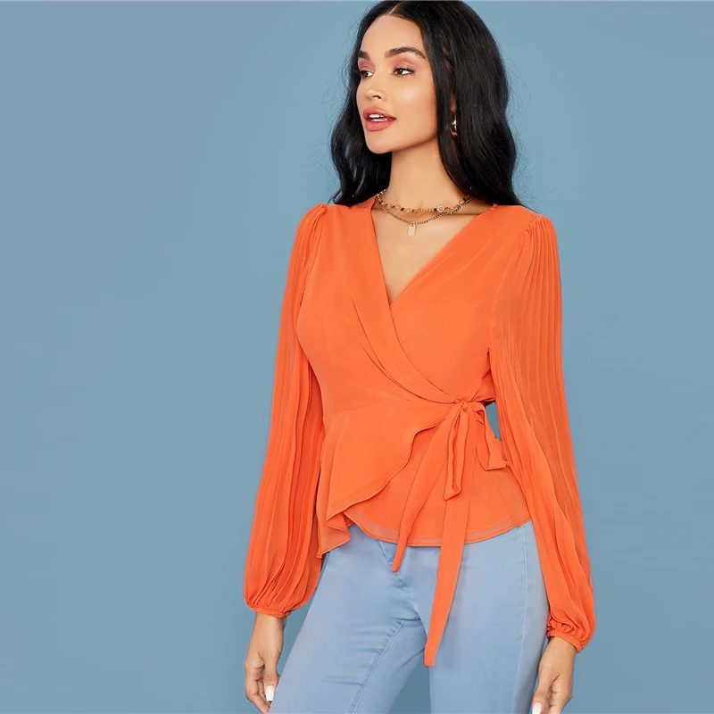 SHEIN Bright Orange Deep V Neck Tie Side Wrap Blouse Women Tops Autumn Pleated Sleeve Solid Elegant Belted Shirt Blouses