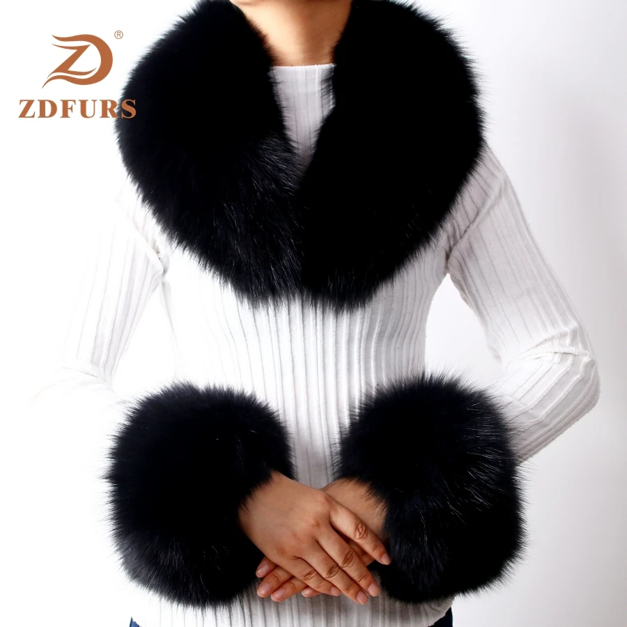 Fox Black ZDFURS* Новое поступление натуральный Лисий мех/енот меховой воротник манжеты женские зимние модные меховые воротник и манжеты один комплект - Цвет: Fox Black