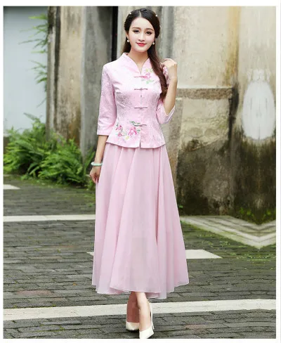 pink suit Традиционная китайская одежда для женщин с длинным рукавом, китайские Рубашки, Топы в китайском стиле, жаккардовые хлопковые топы с вертикальным принтом Cheongsam - Цвет: pink suit