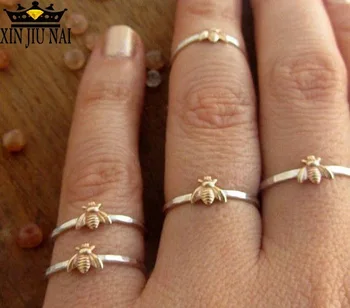 

925anillos Silver Simple Tiny Solid Gold Color Bee Finger Rings Gold Hammered Band Stacking Rings Anniversary Cheap Jewelry