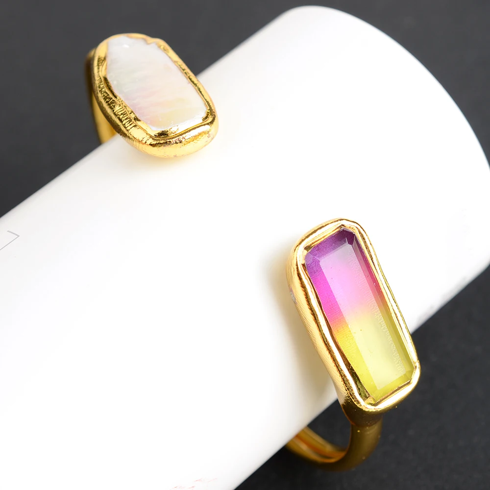 Cultured White Biwa Pearl Rainbow Color Crystal Golden Plated Bangle Bracelet