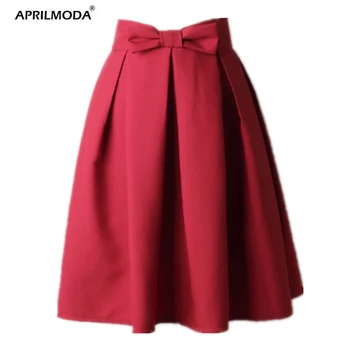 

2020 Elegant Women Skirt High Waist Pleated Knee Length Skirt Vintage A Line Big Bow Green Red Black Side Zipper Skater Skirts