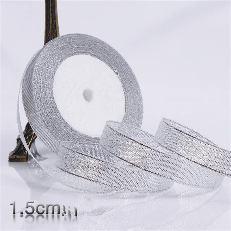 1.5CM Silver Золотой/Серебряный шелк атлас органза лента 0,6-5 см блестящие вышитые ленты для свадебного торта подарок украшения ремесла поставки - Цвет: 1.5CM Silver