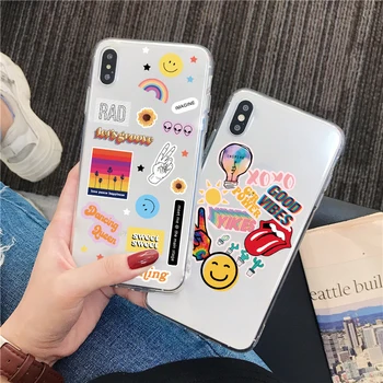 

Cute Smiley Label Phone Case For iphone 11 Pro Max 7 8 plus X XR XS Max Transparent Back Cover Funny Cartoon Letter Soft Cases