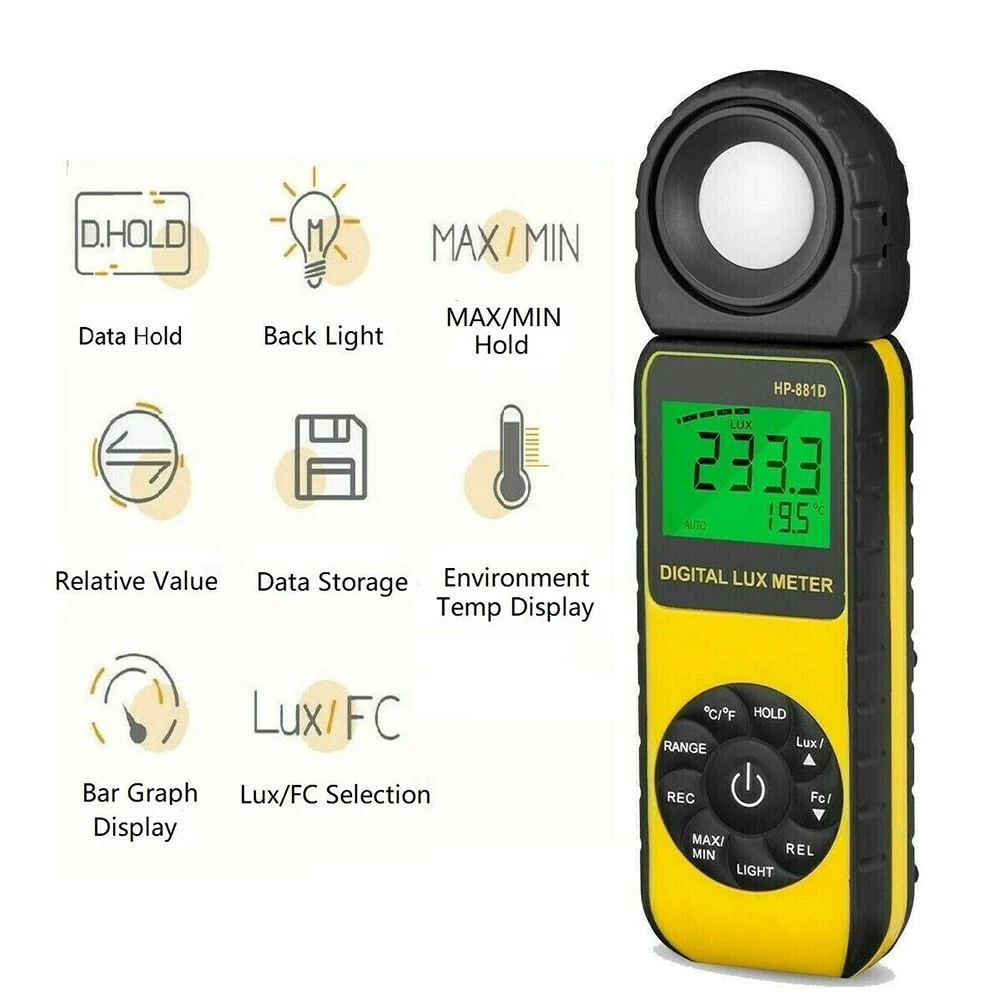 

HP-881D Digital LUX Meter 4000000 LUX/FC High Precision Digital Lux Meter Handheld Illuminometer with Backlight FKU66