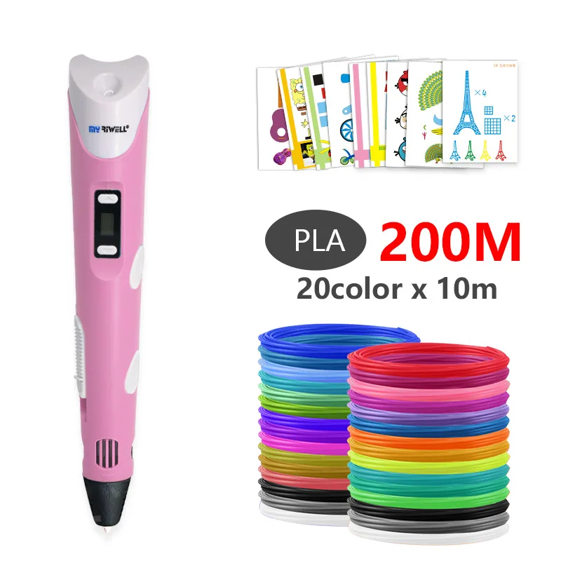 Myriwell abs 3d pen 3d pens 3d ручка 3д ручка 3d для объёмного рисования LCD дисплей,1.75мм pla пластик нить 3d печать ручка 3д ручку 3d ручка Сделай сам подарок детских подарков - Цвет: Pink with PLA 200m