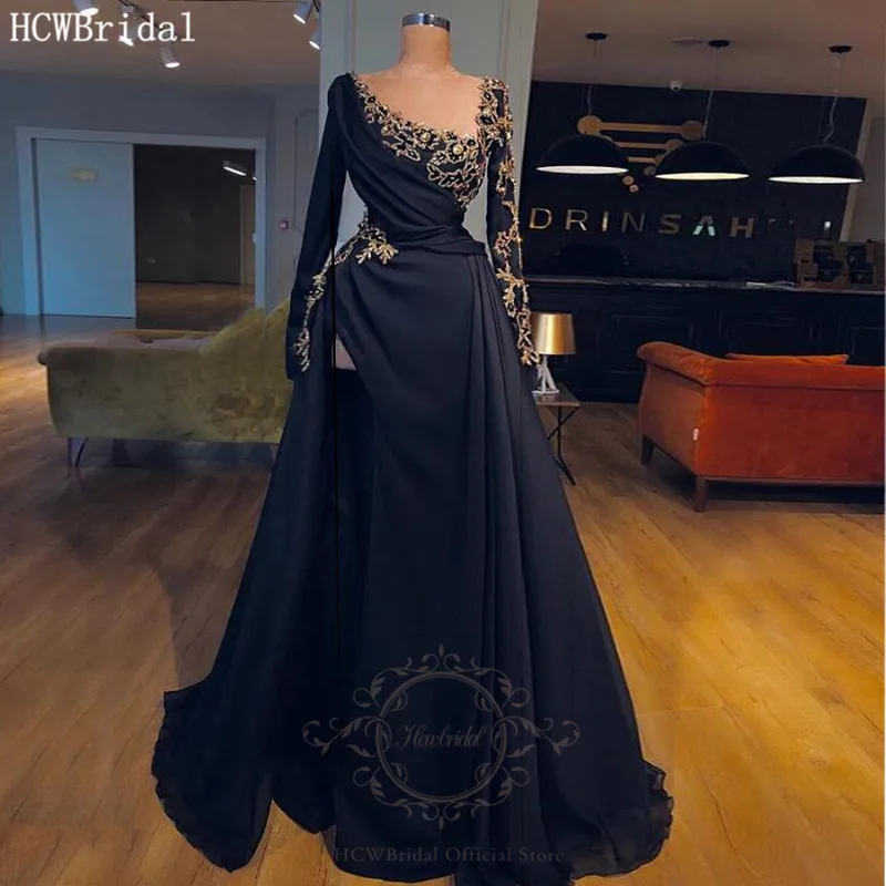 

Elegant Long Sleeves Black Arabic Evening Dress High Slit Golden Crystals Sexy Prom Gowns Long Women Formal Dresses Plus Size