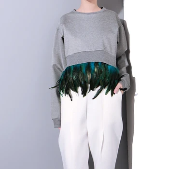 

2019 Fashion Women's Sweatshirt Feather Decoration Detachable Stitching Plus Velvet Warm Pullover Trendy Sweatshirt
