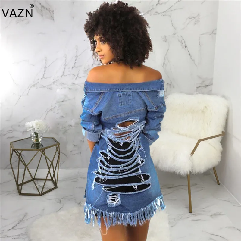 VAZN SMR9330 продукт Лето сексуальное отверстие синее мини-платье с длинным рукавом v-образным вырезом одноцветное Платье женское повседневное популярное платье