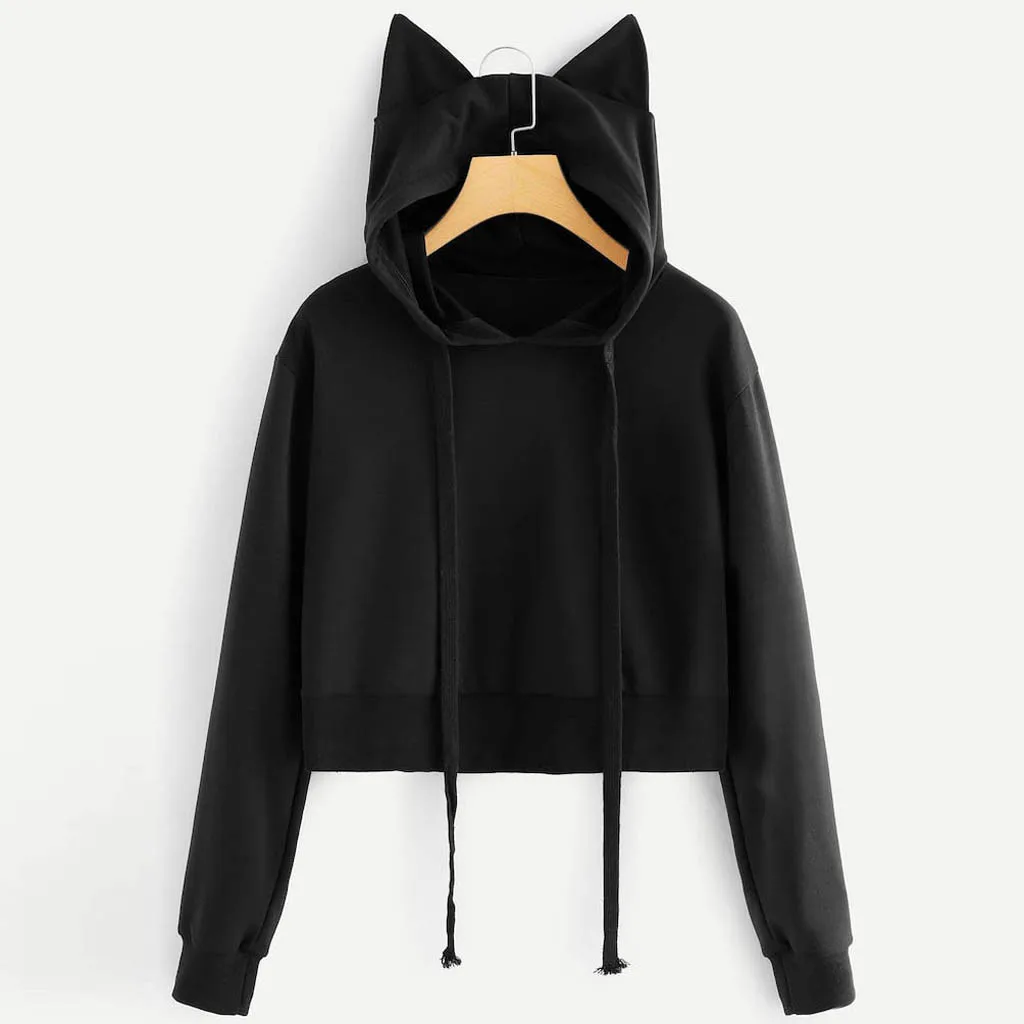 

Womens Sweatshirt Solid Long Sleeve Hoodies Hooded Pullover Short Tops Bangtan Cat Blouse