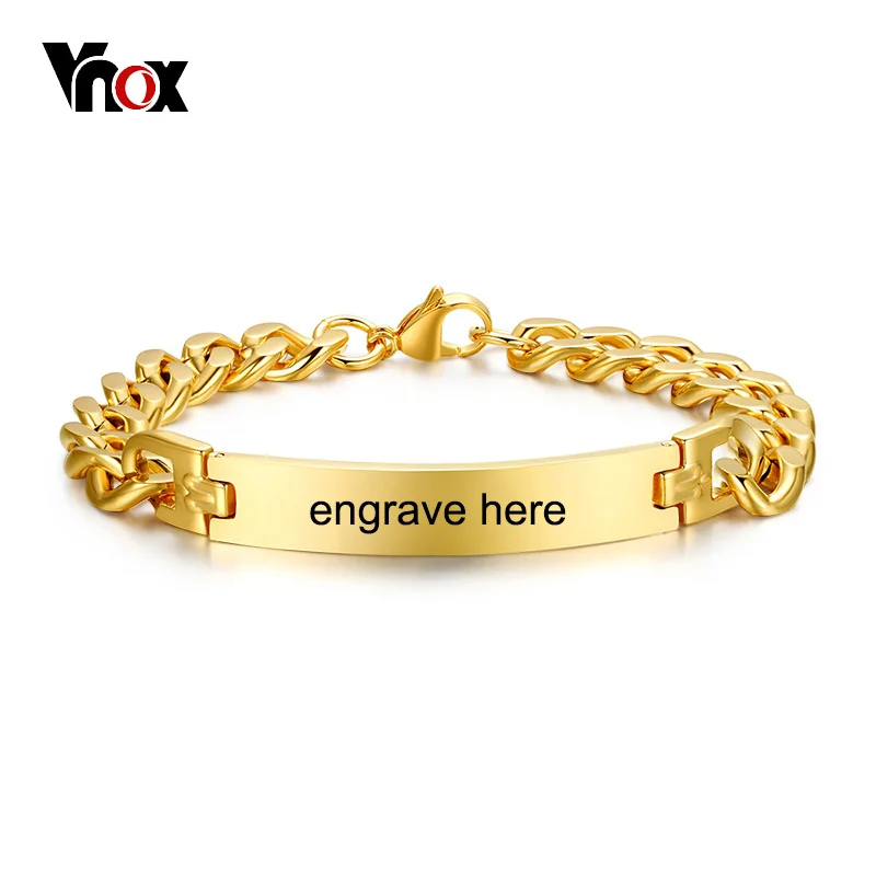 Vnox Stainless Steel Mens ID Bracelets Bangle Gold Color Curb Link Chain Spring Closure Customize Name Date Info Male Boy Bijoux personalized stainless steel men bracelet bangle engraved fashion custom id male braslet brazelaet boy 7 7inch 8 3inch dropship