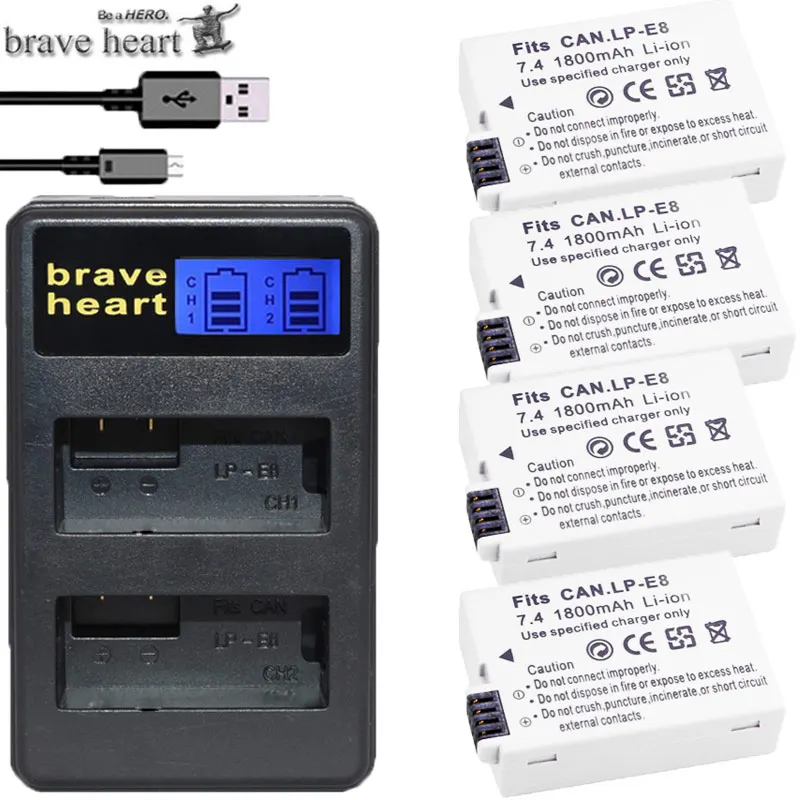 charger and 4battery brave heart LP-E8 LP E8 LPE8 батарея камеры+ светодиодный двойной зарядное устройство для Canon EOS 550D 600D 650D 700D Rebel T2i T3i T4i T5i - Цвет: charger and 4battery