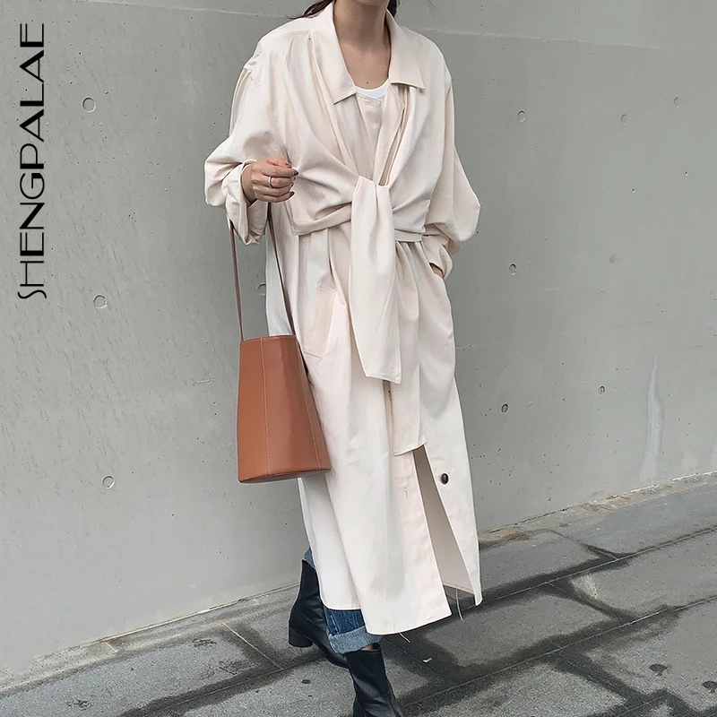 

SHENGPALAE 2019 New Fashion Autumn Turn-down Collar Casual Loose Windbreaker Women High Street Drawstring Trench Cost Tide FT811